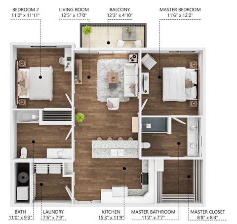 Floor plan for 2 beds, 2 baths, 1029 sqft